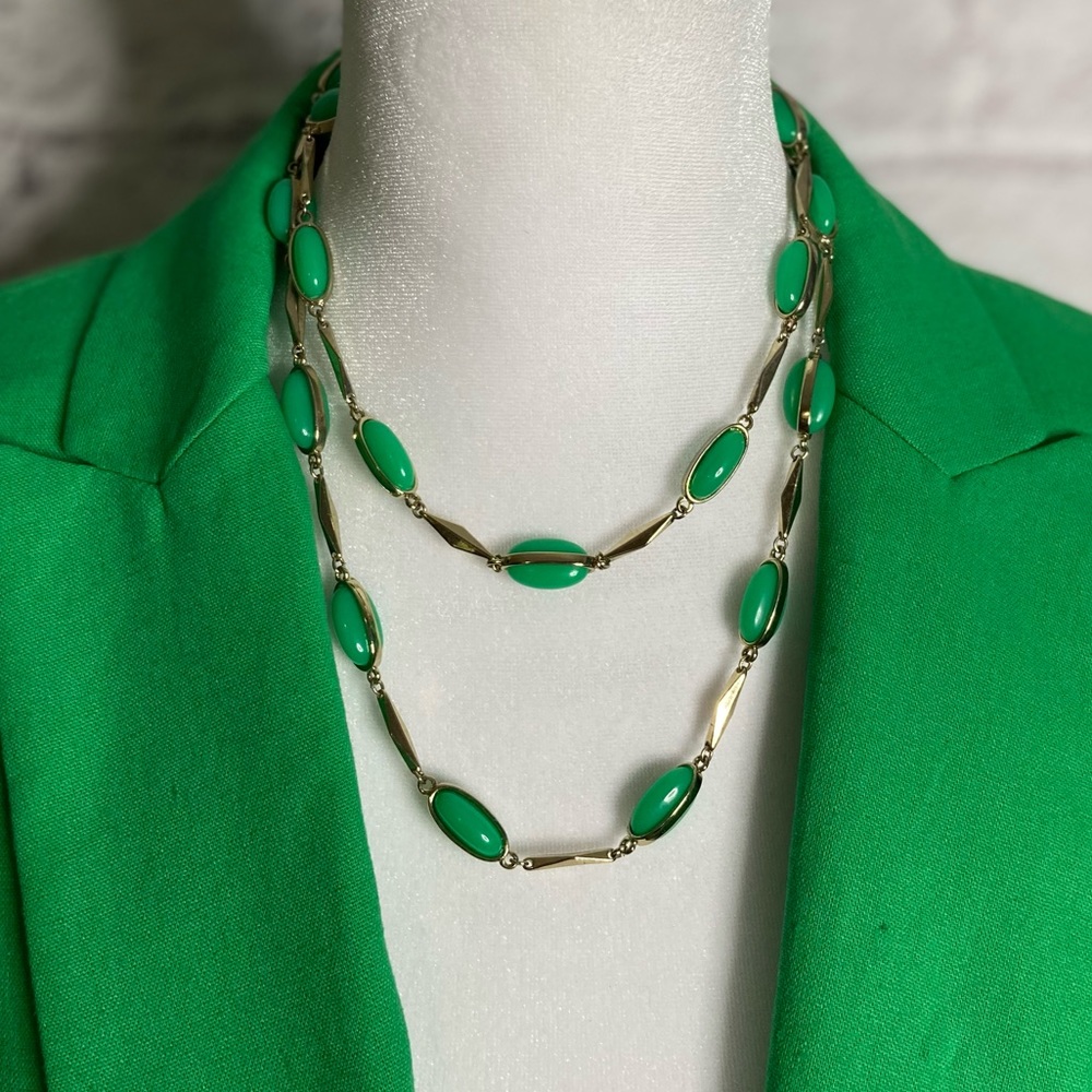 J Crew Link Beaded Long Necklace. Green/Gold, wear long or double wrapped.